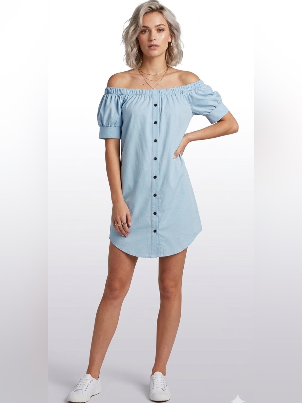 3/$30 Light Blue Off Shoulder Short Sleeve Button Front Mini Dress Size Small